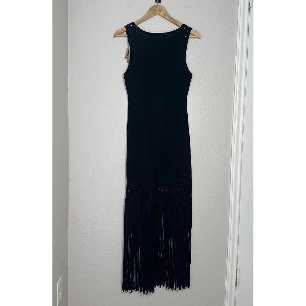 Sandro Crochet Fringe Black Resort Concert Midi Knit Dress, Cocktail LBD Large/8 - Picture 4 of 16